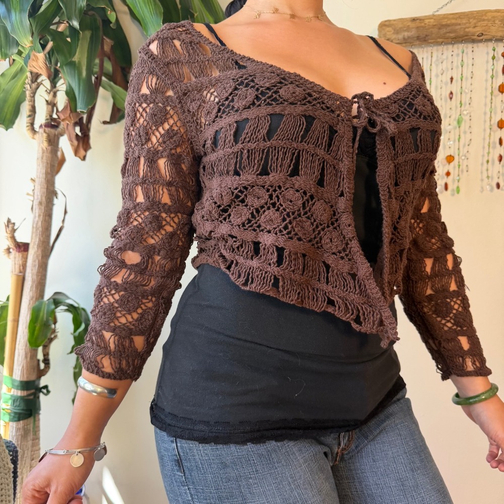Brown Crochet Knit Shrug Cardigan Split Front Whimsygoth 3/4 Sleeve Cropped Top